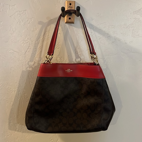Coach Red Signature Lexy Brown Shoulder Bag Purse Leather Valentine - Picture 2 of 15